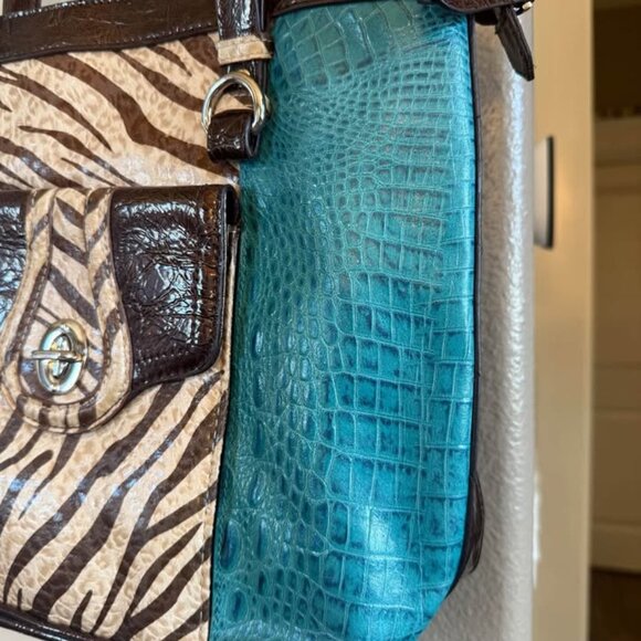 Teal and Brown Croco Embossed Animal Pattern Leather MC Medium Shoulder Handbag - Picture 6 of 10